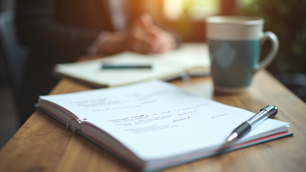 Notitieboek met aantekeningen, pen en kopje koffie op bureau voor effectief noteren