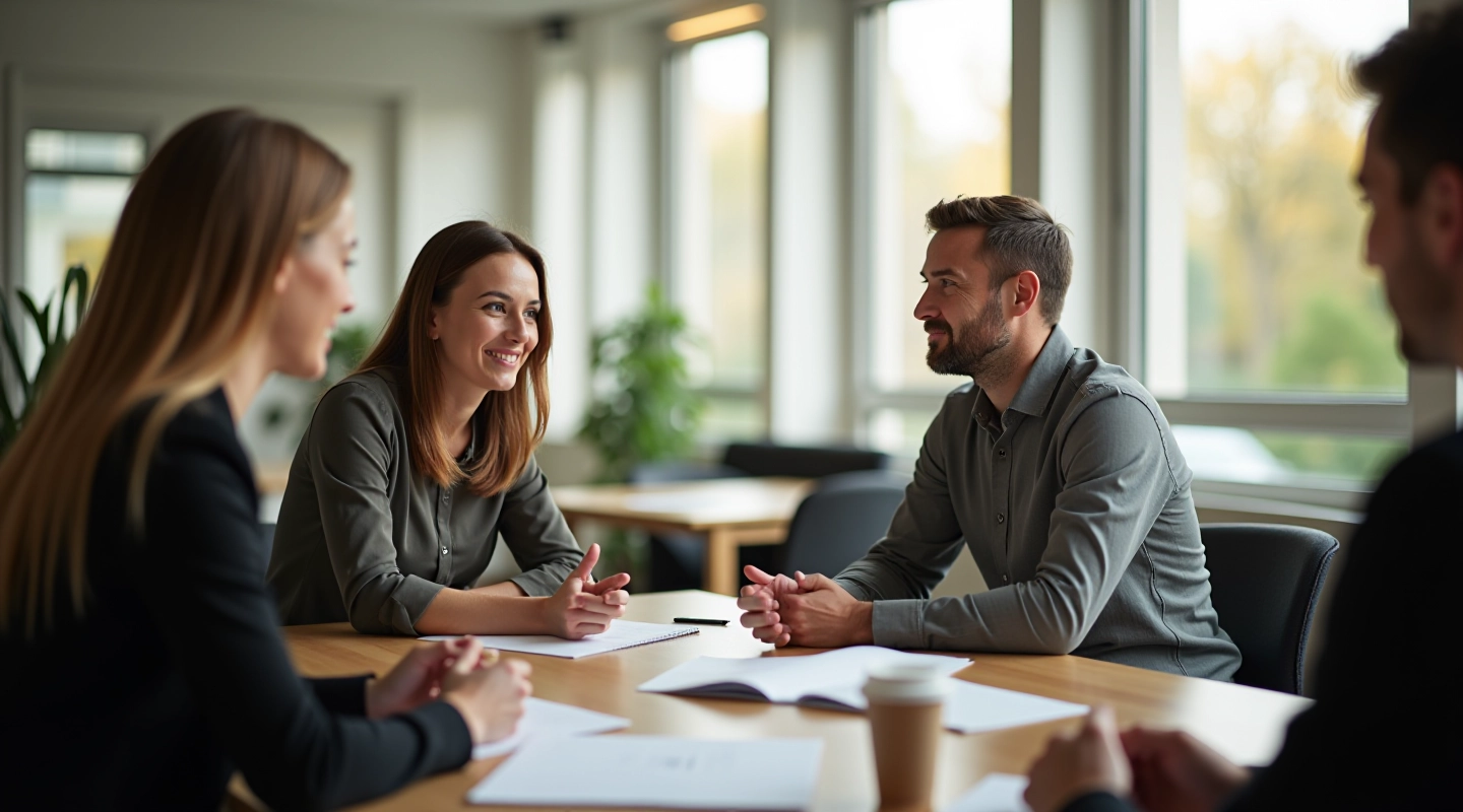 Twee collega's voeren een constructief gesprek in een kantooromgeving met natuurlijk licht