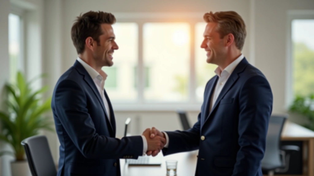 Twee collega's schakelen hands, positief moment na succesvol gesprek
